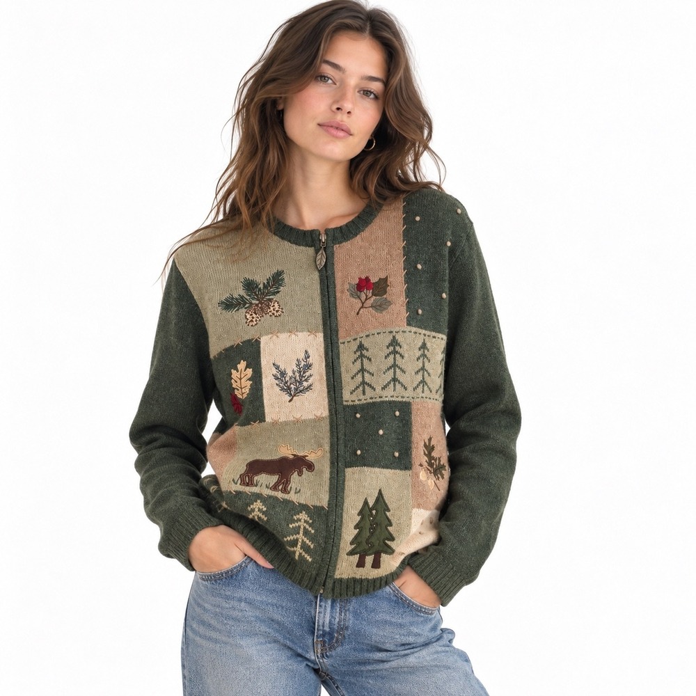 Vintage Croft & Barrow Woodland Moose Patchwork Wool Angora Christmas Cardigan L